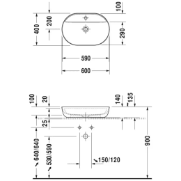 Duravit Luv Aufsatzbecken mit Hahnlochbank 60 x 40 cm, mit 1 Hahnloch, DuraCeram, mit WonderGliss