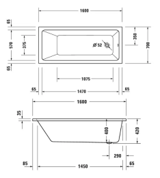 Duravit No.1 Rechteck-Badewanne, Einbau 600x700 mm weiß