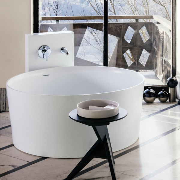 LAUFEN Val Badewanne freistehend rund Ø 130 cm mit integriertem Überlaufkanal weiß matt