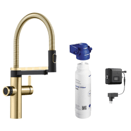 Blanco EVOL-S Pro Spültischarmatur mit flexiblem Arm, Spülbrause und Filterfunktion, gold/schwarz