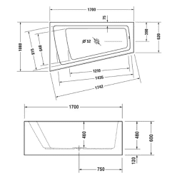 Duravit Paiova Eck-Badewanne 170 x 100 cm Ecke links mit angeformter Schürze und Gestell
