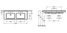 Villeroy & Boch Subway 2.0 Möbel-Doppelwaschtisch 130x47 cm, mit Überlauf, Hahnlöcher, Ceramicplus,