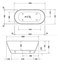 Duravit D-Neo freistehende Badewanne, oval 600x750 mm weiß matt