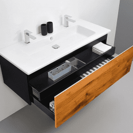 Waschtischunterschrank mit Waschbecken Serie ELA 121 x 42 cm, schwarz seidenmatt, Eiche dunkel