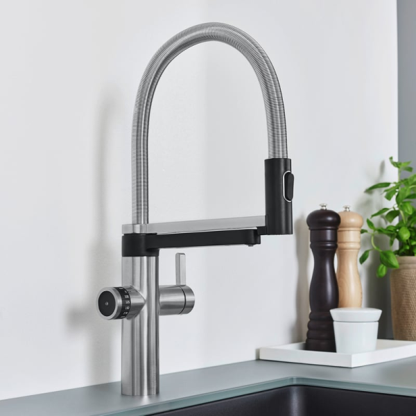 Blanco EVOL-S Pro Spültischarmatur mit flexiblem Arm, Spülbrause und Filterfunktion, edelstahl gebür