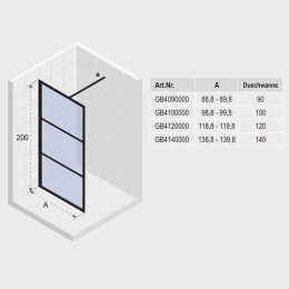 Riho Grid 400 Duschwand aus Klarglas für Walk-In-Dusche schwarz matt, Höhe 200 cm