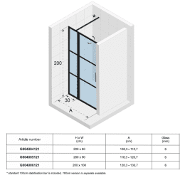Riho Grid 104 Duschtür aus Glas mit fester Wand in modernem Design, Höhe 200 cm