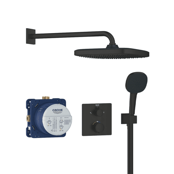 Grohe Brauseset mit Unterputz-Thermostat, mit Einbaukörper, 25x25 cm, 2 Strahlarten, schwarz matt