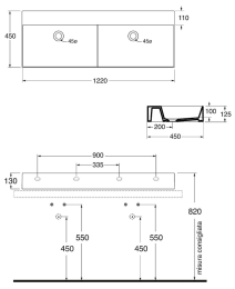 Premium Doppelwaschtisch Elayla 1220x130x450 mm ohne Hahnloch Keramik weiß