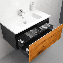 evenes WTU + Keramik-WT ELA Korpus schwarz smt - Front Eiche Furnier dunkel, 910x420x510 mm