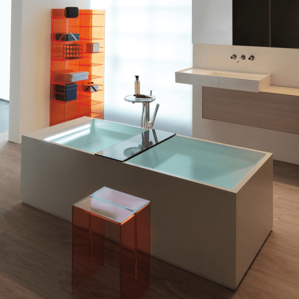 LAUFEN Kartell Rechteckbadewanne freistehend 176 × 76 cm, LED-Beleuchtung & Hubsystem weiß matt