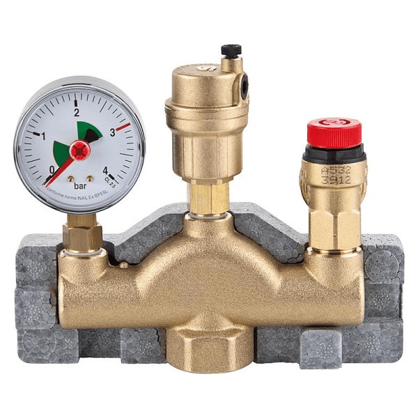 CALEFFI Kesselsicherheitsgruppe bis 100 kW, DN25(1") Messing mit Isolierung, Sicherheitsventil 3 bar