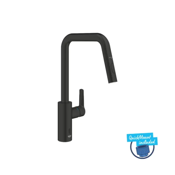 Grohe QuickFix Start Elektronische Spültischarmatur mit ausziehbarer Brause, schwarz matt