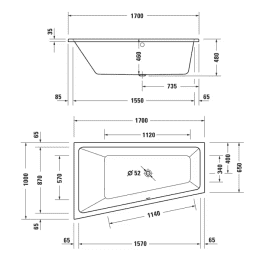 Duravit No.1 Asymmetrische Badewanne 1700x1000 mm, links, weiß