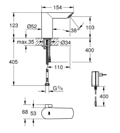 Grohe Bau Cosmopolitan E Waschtischarmatur berührungslos mit EcoJoy, chrom