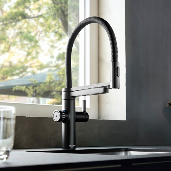 Blanco EVOL-S Pro Spültischarmatur mit flexiblem Arm, Spülbrause und Filterfunktion, schwarz matt