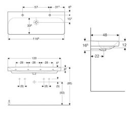 Geberit Smyle Square Doppelwaschtisch 120x48 cm, mit Überlauf, 2 Hahnlöcher, weiß