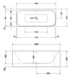 Duravit Happy D.2 Plus Badewanne 180x80 cm, links, mit Panel, weiß/Graphit super matt