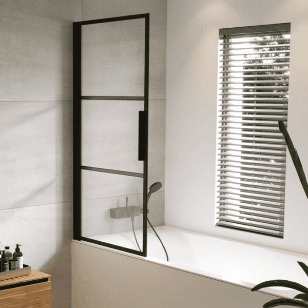 Riho Grid 501 Badewannenabtrennung aus Glas mit modernem, industriellem Look, 80 x 150 cm