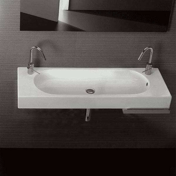 Premium Doppelwaschtisch AREA 1100x110x350 mm 2 Hahnlöcher Keramik weiß